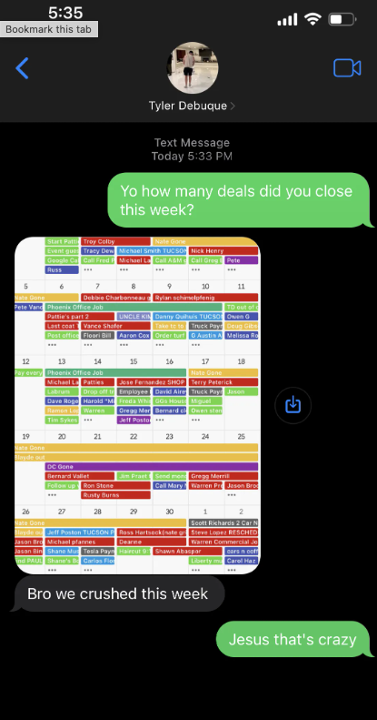 Tyler Debuque text testimonial with packed calendar