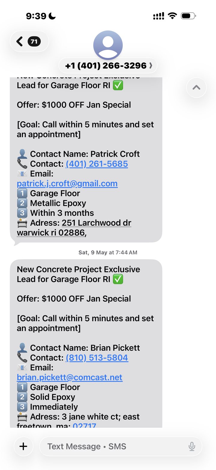 Lead alerts landing on Bruce's phone, Garage Floor Coatings Rhode Island